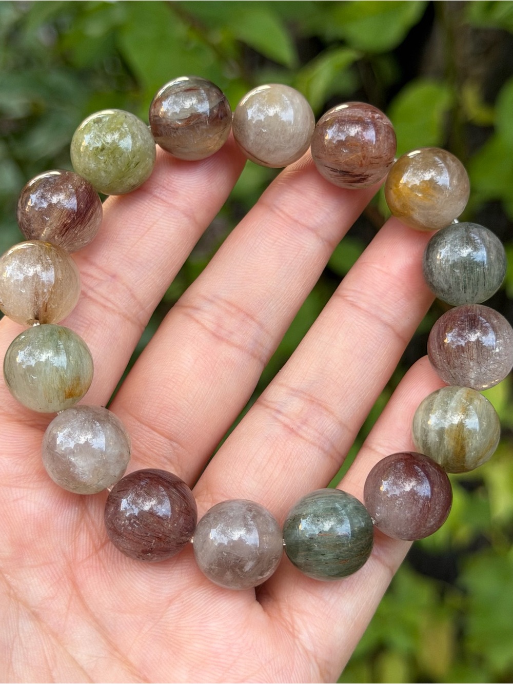 14mm Natural Multicolor Rutilated Quartz Bead Bracelet 2132